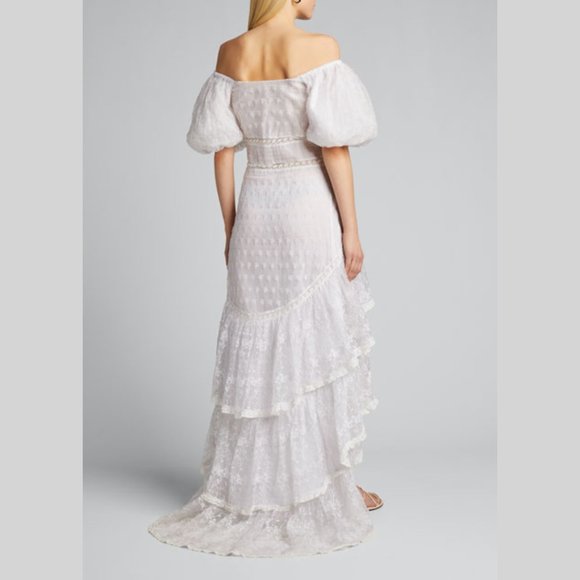 LoveShackFancy Cayden Silk High-Low Dress White Lace Eyelet Off Shoulder Gown - Picture 4 of 15